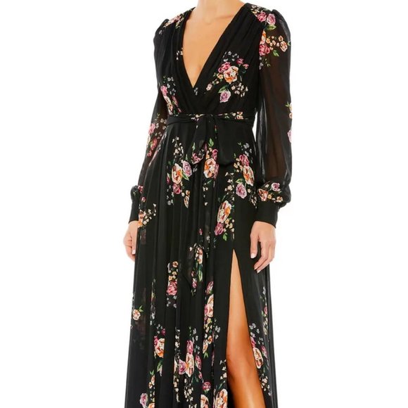 Mac Duggal Black Floral Long Sleeve Empire Waist Chiffon Maxi Dress - Picture 1 of 5